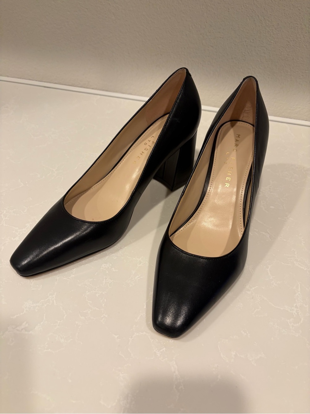 Marc Fisher Black Leather Square-Toe Block Heel Pumps